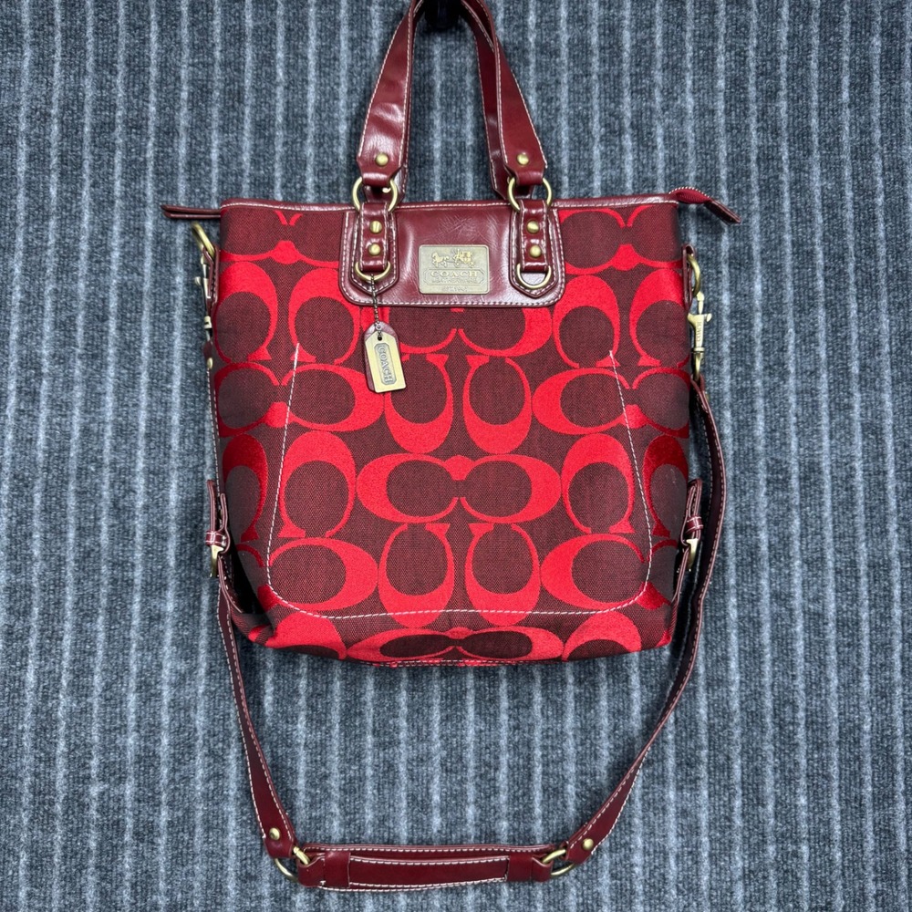 Coach Signature C Jacquard Tote Bag Red Burgundy Excellent Crossbody 1202 (2213)